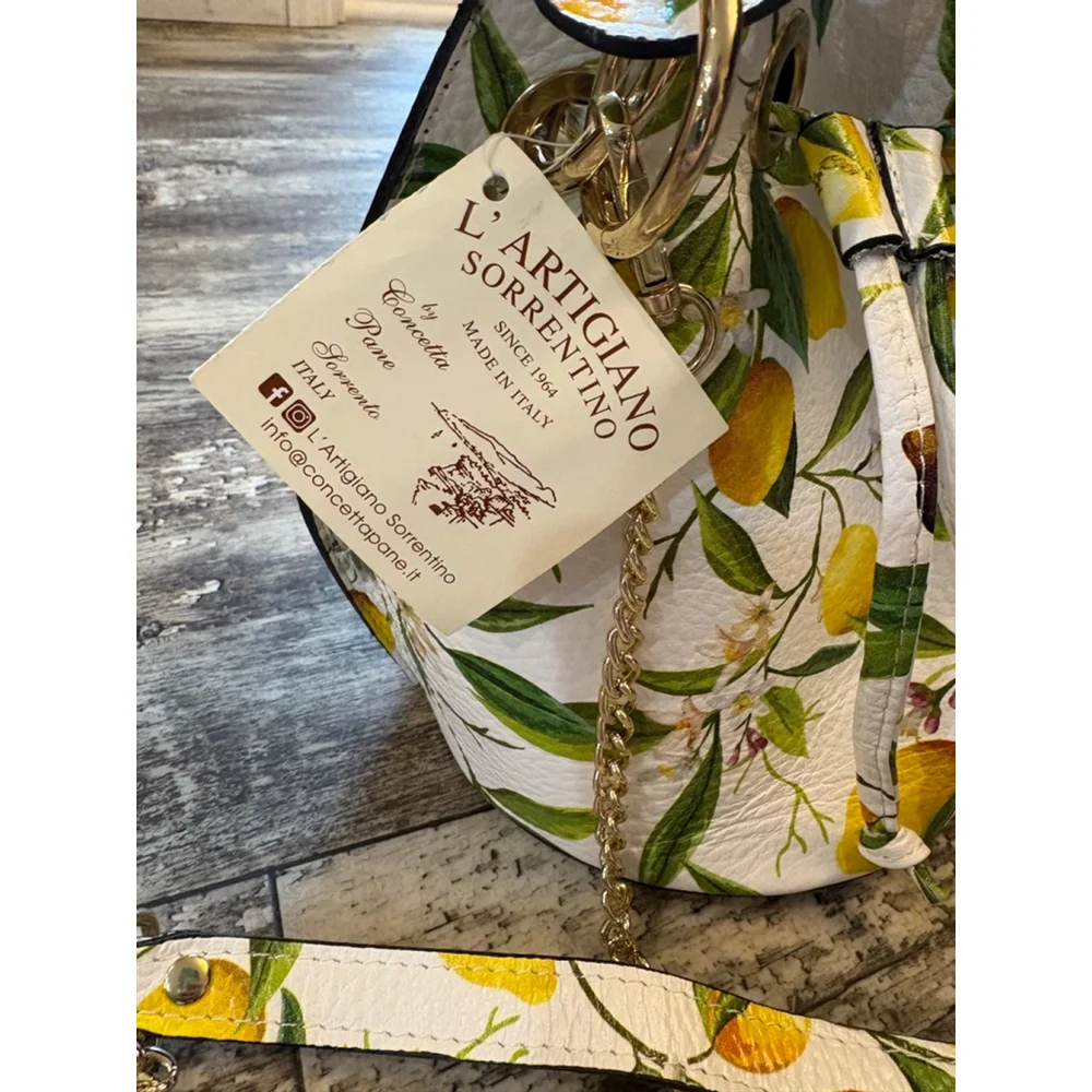 L'Artigiano Sorrentino Italian Leather Lemon Print Bucket Bag Crossbody